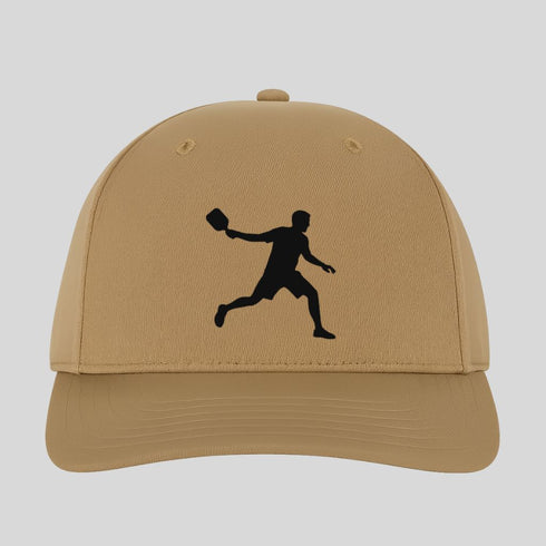 Beige cap with black silhouette of a person playing badminton on a light gray background